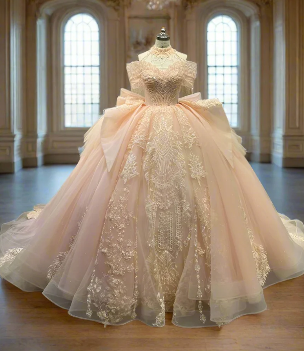 Sweet Pink Off-the-shoulder Ball Gown Birthday Dress Tulle Beaded Long Prom Dress Applique Quinceanera Dress ED03733