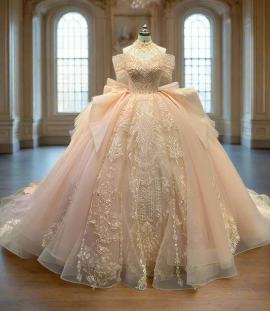 Sweet Pink Off-the-shoulder Ball Gown Birthday Dress Tulle Beaded Long Prom Dress Applique Quinceanera Dress ED03733