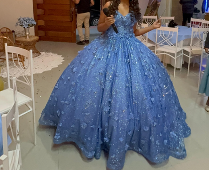 Sweet Blue Spaghetti Strap Ball Gown Birthday Dress Tulle Sparkly Long Prom Dress Applique Quinceanera Dress ED03734