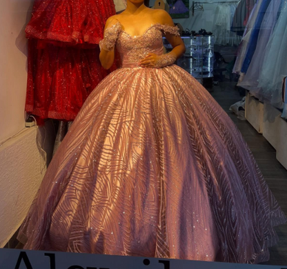 Sweet Off-the-Shoulder Pink Ball Gown Birthday Dress Tulle Sparkly Long Prom Dress Applique Quinceanera Dress ED03735