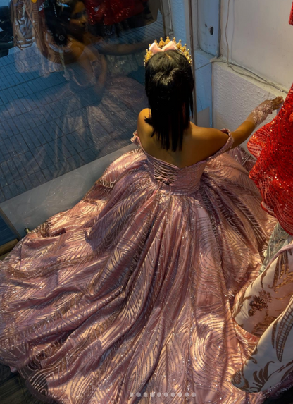 Sweet Off-the-Shoulder Pink Ball Gown Birthday Dress Tulle Sparkly Long Prom Dress Applique Quinceanera Dress ED03735