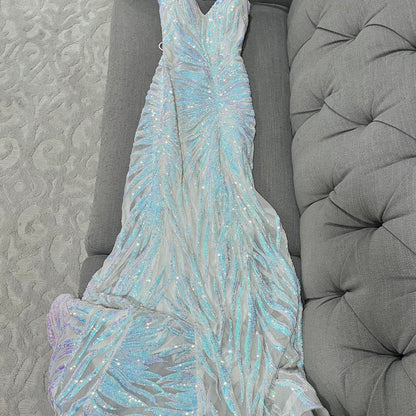 Elegant White Spaghetti Strap Sheath Long Prom Dress Sequin Tulle Party Dress Formal Dress ED03736