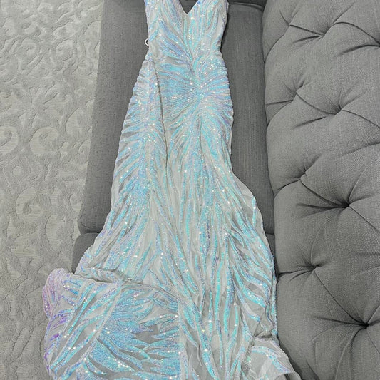 Elegant White Spaghetti Strap Sheath Long Prom Dress Sequin Tulle Party Dress Formal Dress ED03736