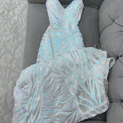 Elegant White Spaghetti Strap Sheath Long Prom Dress Sequin Tulle Party Dress Formal Dress ED03736