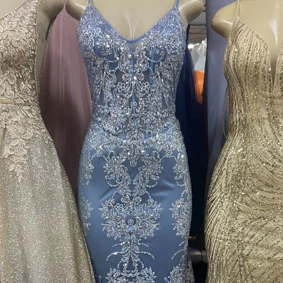 Elegant Blue V-Neck Mermaid Evening Dress Sparkly Sequined Tulle Long Prom Dress Sweet Birthday Dress ED03739