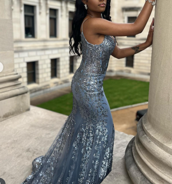 Elegant Blue V-Neck Mermaid Evening Dress Sparkly Sequined Tulle Long Prom Dress Sweet Birthday Dress ED03739