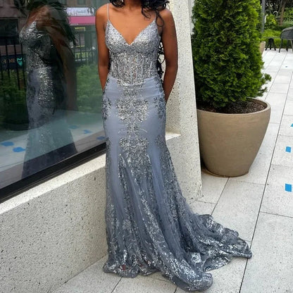 Elegant Blue V-Neck Mermaid Evening Dress Sparkly Sequined Tulle Long Prom Dress Sweet Birthday Dress ED03739
