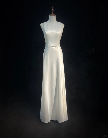 Vintage A-Line Round Neck Bridal Gown Simple Modest Open Back Wedding Dress Satin Bridal Dress ED03742