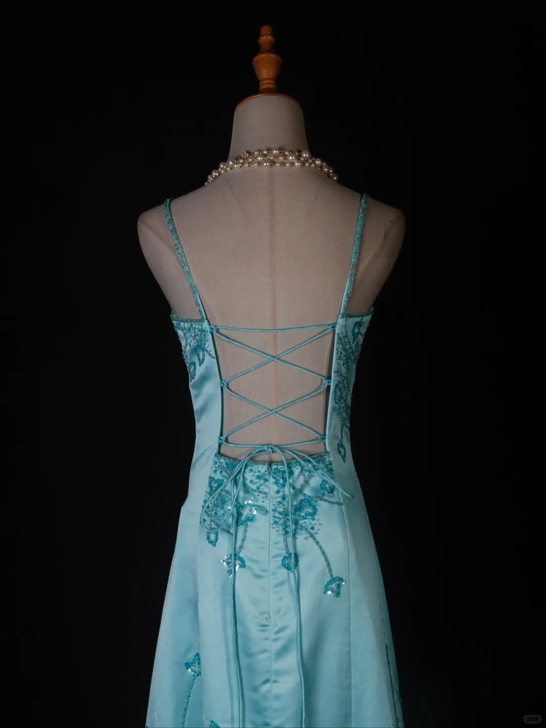 Vintage A-Line Spaghetti Strap Long Prom Dresses Blue Satin Beaded Evening Dress Elegant Formal Dress ED03743