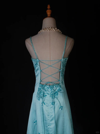 Vintage A-Line Spaghetti Strap Long Prom Dresses Blue Satin Beaded Evening Dress Elegant Formal Dress ED03743