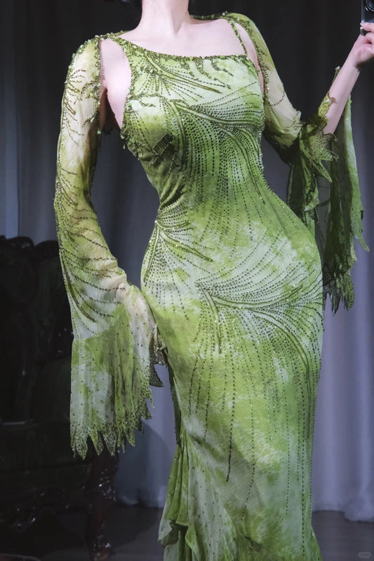 Vintage Green Sheath Long Prom Dresses Chiffon Beaded Evening Dress Asymmetrical Neck Formal Dress with Cape ED03744