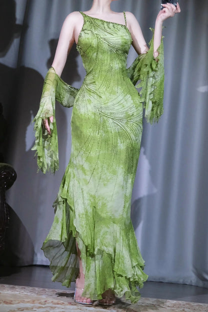 Vintage Green Sheath Long Prom Dresses Chiffon Beaded Evening Dress Asymmetrical Neck Formal Dress with Cape ED03744