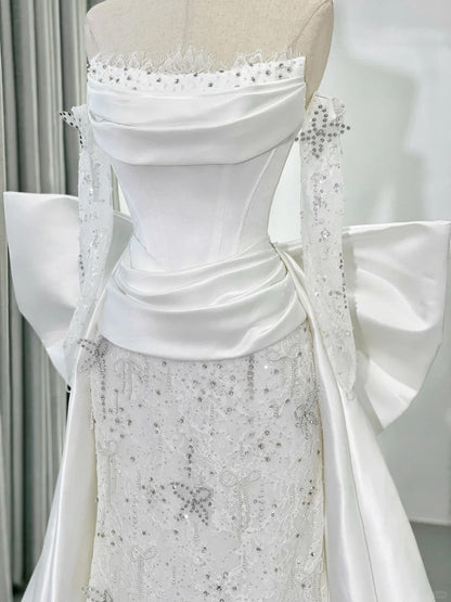 Modest Off-the-shoulder Ball Gown Mermaid Wedding Dress Lace Satin Bridal Dress Elegant White Bridal Gown ED03746