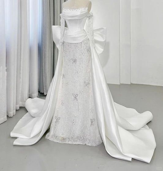 Modest Off-the-shoulder Ball Gown Mermaid Wedding Dress Lace Satin Bridal Dress Elegant White Bridal Gown ED03746