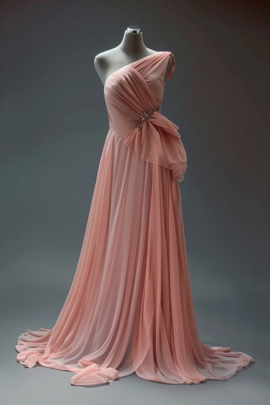 Modest One Shoulder Sheath Bridesmaid Dress Coral Chiffon Evening Dress Long Prom Dresses ED03747