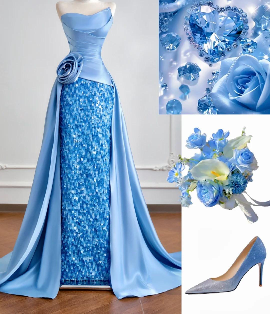 Modest Strapless Sheath Long Evening Dress Satin Blue Prom Dress Sparkly Graduation Dress ED03748