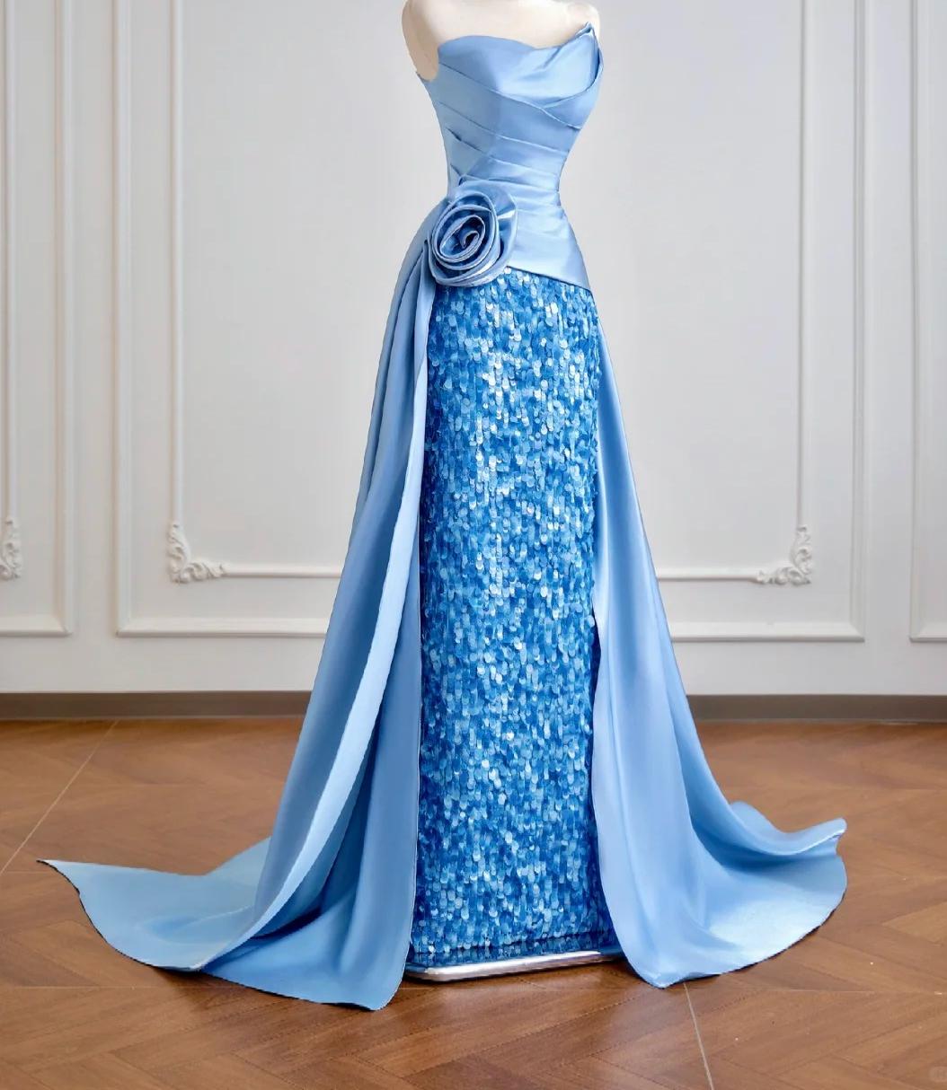 Modest Strapless Sheath Long Evening Dress Satin Blue Prom Dress Sparkly Graduation Dress ED03748