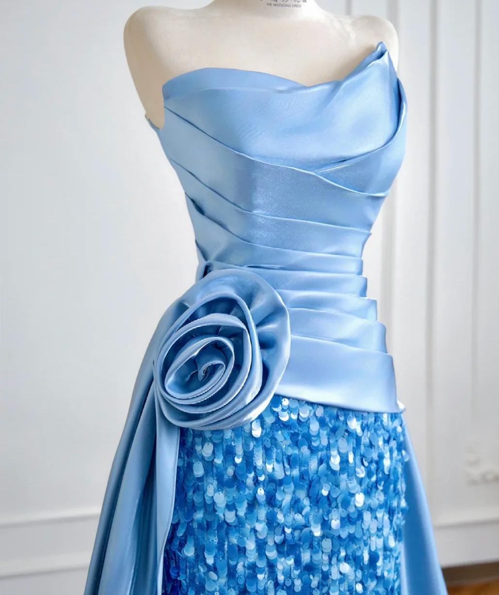 Modest Strapless Sheath Long Evening Dress Satin Blue Prom Dress Sparkly Graduation Dress ED03748