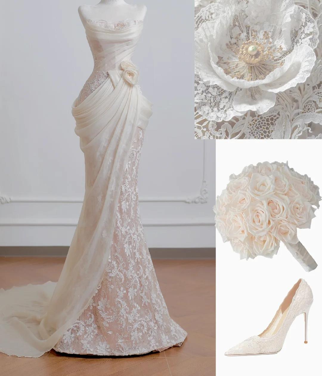 Modest Strapless Mermaid Long Wedding Dress Applique Tulle Elegant White Bridal Dress ED03749