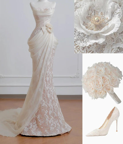 Modest Strapless Mermaid Long Wedding Dress Applique Tulle Elegant White Bridal Dress ED03749