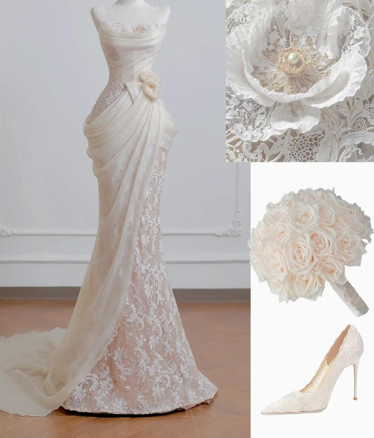 Modest Strapless Mermaid Long Wedding Dress Applique Tulle Elegant White Bridal Dress ED03749