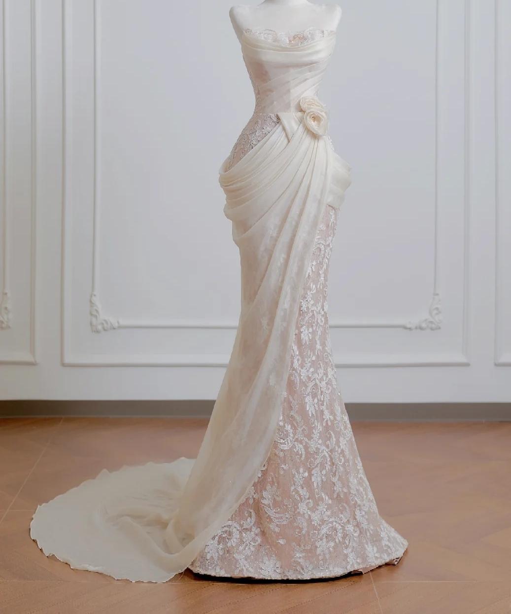 Modest Strapless Mermaid Long Wedding Dress Applique Tulle Elegant White Bridal Dress ED03749