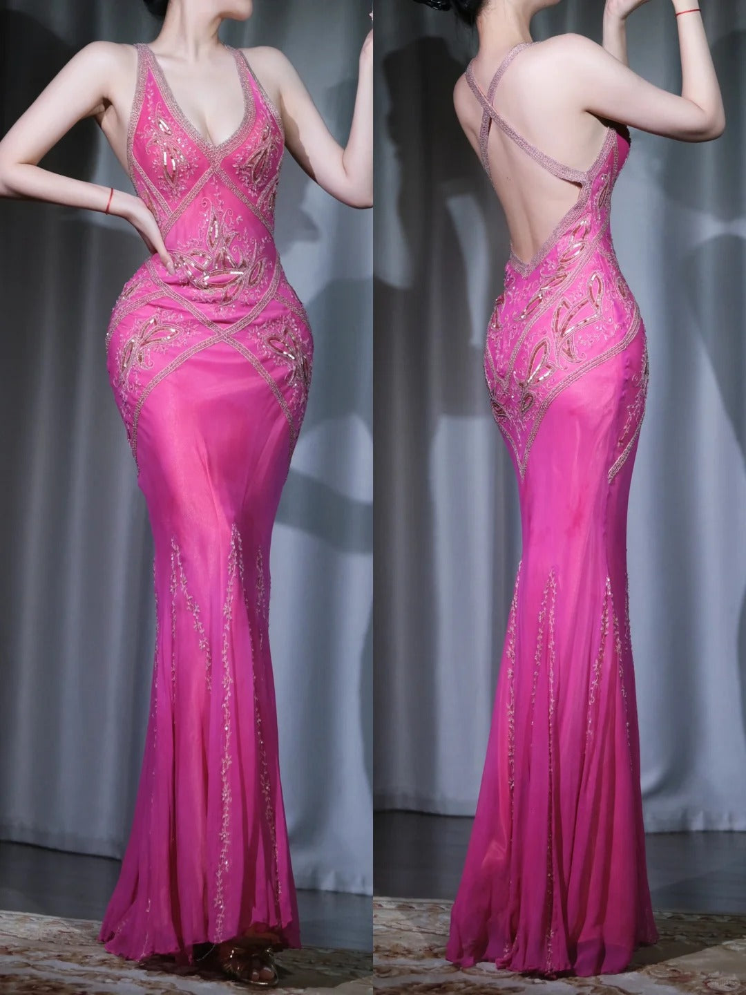 Vintage Fuchsia Mermaid Beaded Evening Dress Chiffon Elegant Halter Neck Open Back Party Dress Long Prom Dress ED03751