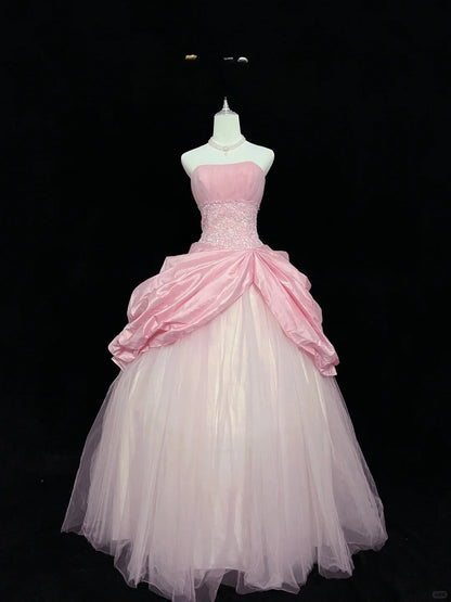 Vintage Pink Strapless Long Ball Gown Evening Dress Tulle Sweet 16 Birthday Dress Lace Prom Dress ED03752