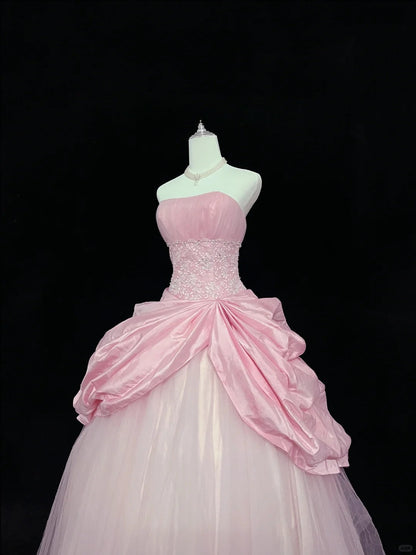 Vintage Pink Strapless Long Ball Gown Evening Dress Tulle Sweet 16 Birthday Dress Lace Prom Dress ED03752