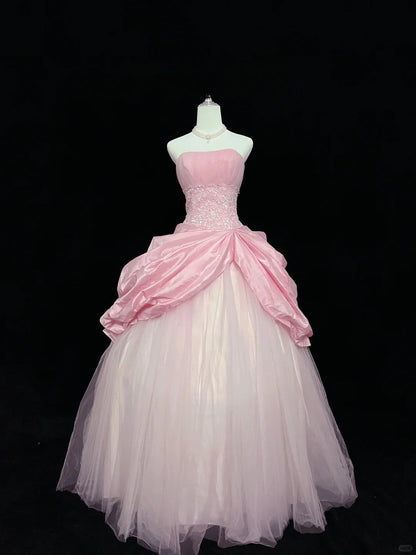 Vintage Pink Strapless Long Ball Gown Evening Dress Tulle Sweet 16 Birthday Dress Lace Prom Dress ED03752