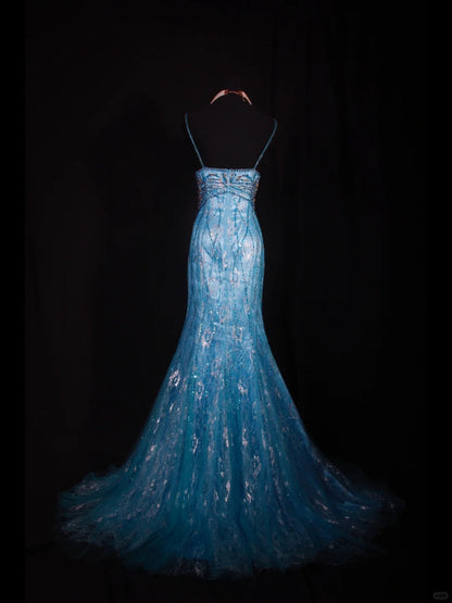 Vintage Blue Halter Mermaid Evening Dress Elegant Tulle Lace Long Prom Dress Party Dress ED03753