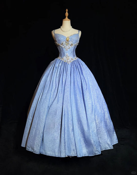 Vintage Blue Spaghetti Strap Ball Gown Quinceanera Dress Elegant Beaded Evening Gown Glitter Birthday Dress ED03754