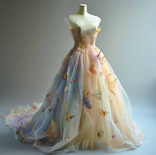 Elegant Strapless Colorful Ball Gown Long Prom Dress Tulle 3D Butterfly Quinceanera Dress ED03760
