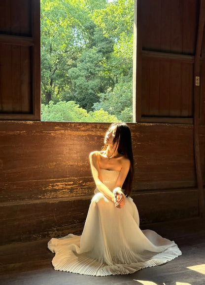 Elegant White Strapless Sheath Long Prom Dress Tulle Sequin Formal Dress Sparkly Birthday Evening Gowns ED03761