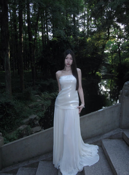 Elegant White Strapless Sheath Long Prom Dress Tulle Sequin Formal Dress Sparkly Birthday Evening Gowns ED03761