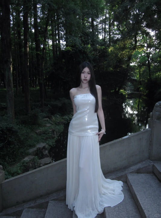 Elegant White Strapless Sheath Long Prom Dress Tulle Sequin Formal Dress Sparkly Birthday Evening Gowns ED03761