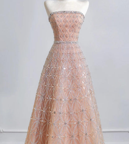 Elegant Peach Strapless Ball Gown Long Prom Dress Tulle Beads Sparkly Evening Gowns ED03762