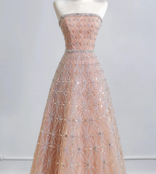 Elegant Peach Strapless Ball Gown Long Prom Dress Tulle Beads Sparkly Evening Gowns ED03762