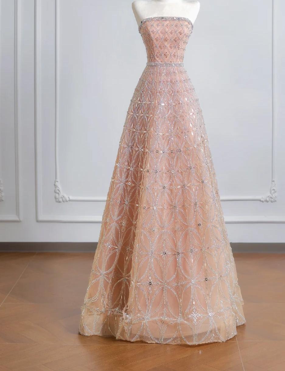 Elegant Peach Strapless Ball Gown Long Prom Dress Tulle Beads Sparkly Evening Gowns ED03762