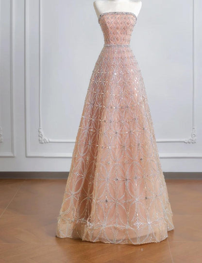 Elegant Peach Strapless Ball Gown Long Prom Dress Tulle Beads Sparkly Evening Gowns ED03762