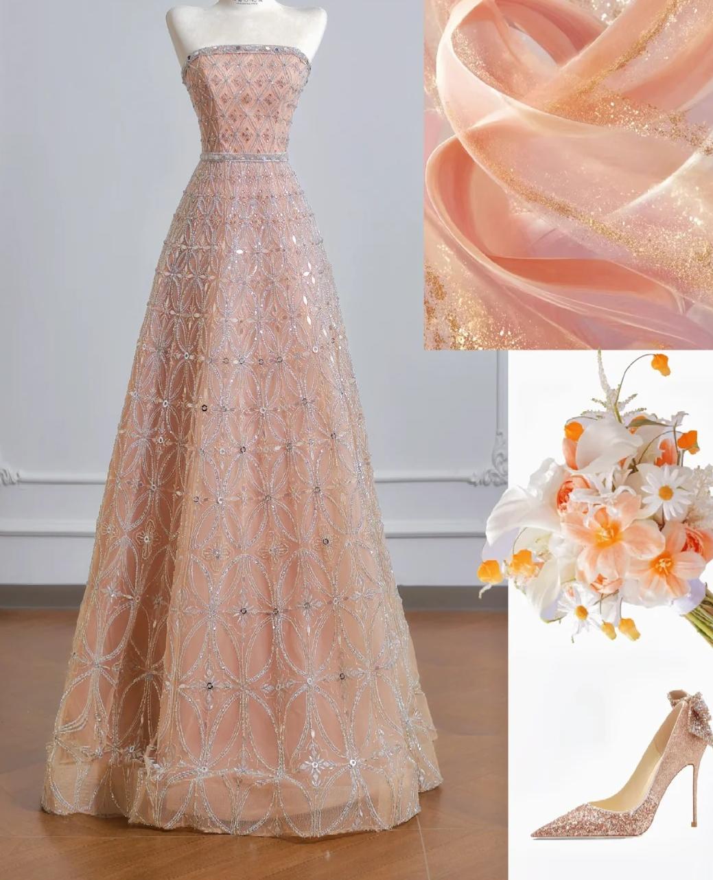 Elegant Peach Strapless Ball Gown Long Prom Dress Tulle Beads Sparkly Evening Gowns ED03762
