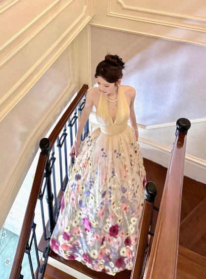 Elegant Apricot Halter Neck Formal Dress Ball Gown Birthday Dress Tulle Applique Open Back Party Dress ED03763