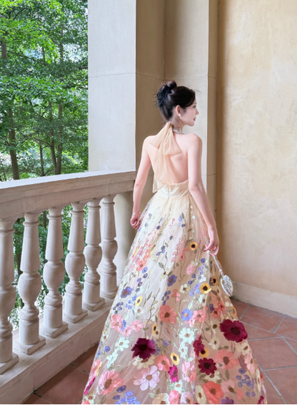 Elegant Apricot Halter Neck Formal Dress Ball Gown Birthday Dress Tulle Applique Open Back Party Dress ED03763