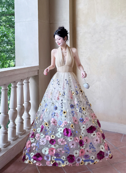 Elegant Apricot Halter Neck Formal Dress Ball Gown Birthday Dress Tulle Applique Open Back Party Dress ED03763