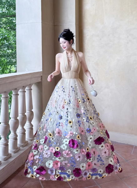 Elegant Apricot Halter Neck Formal Dress Ball Gown Birthday Dress Tulle Applique Open Back Party Dress ED03763