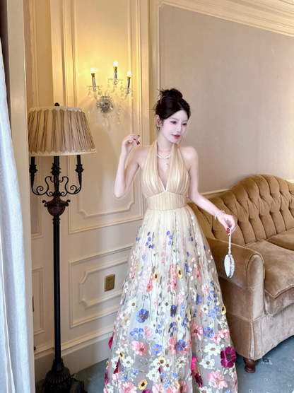 Elegant Apricot Halter Neck Formal Dress Ball Gown Birthday Dress Tulle Applique Open Back Party Dress ED03763