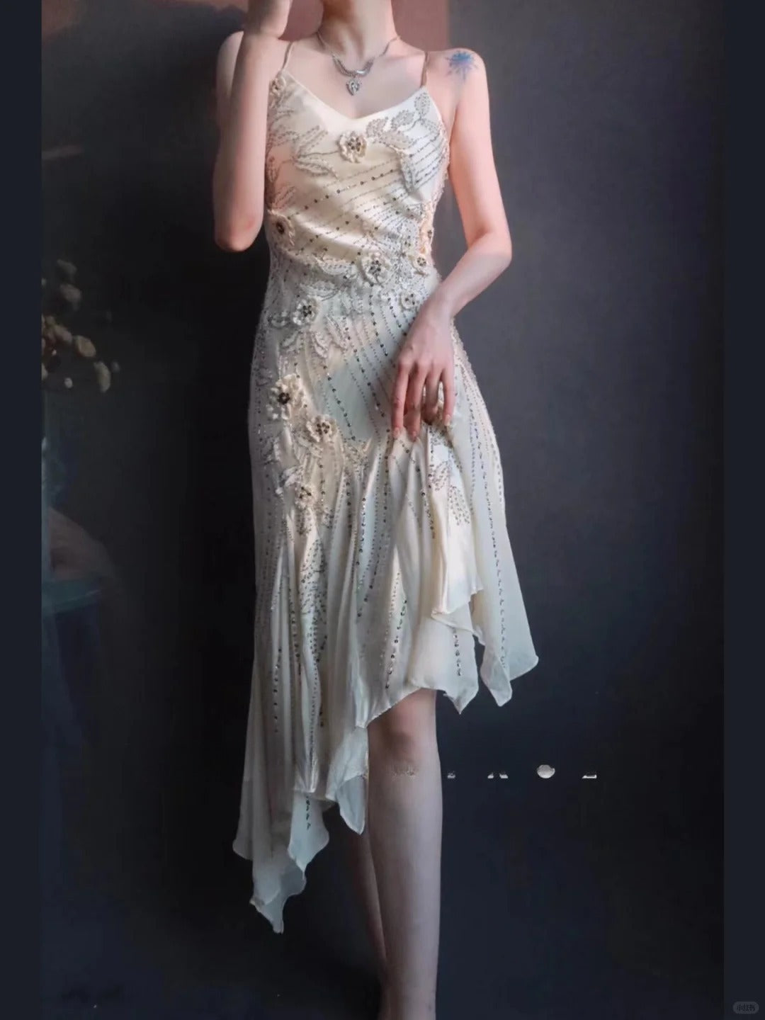 Vintage Spaghetti Strap Sheath Formal Dress Satin Beaded Birthday Dress Elegant Short Homecoming Dress ED03764