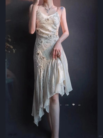 Vintage Spaghetti Strap Sheath Formal Dress Satin Beaded Birthday Dress Elegant Short Homecoming Dress ED03764