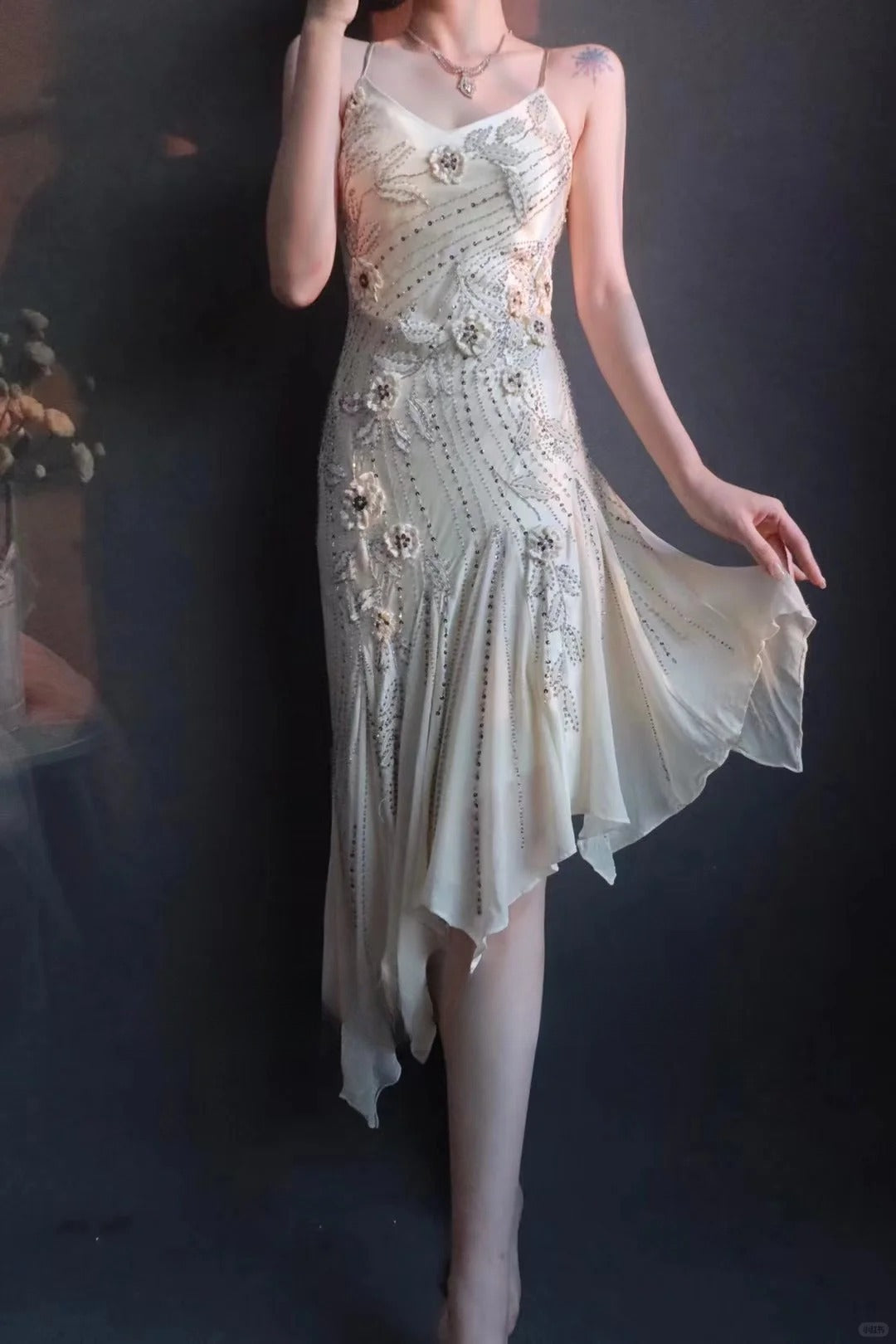 Vintage Spaghetti Strap Sheath Formal Dress Satin Beaded Birthday Dress Elegant Short Homecoming Dress ED03764