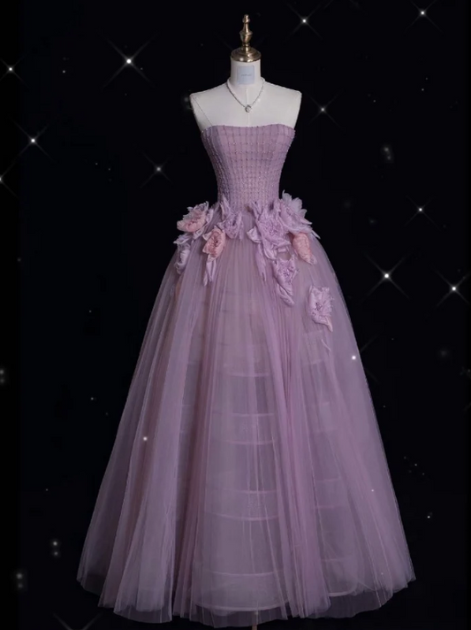 Stunning Strapless Ball Gown Purple Long Prom Dress Tulle Applique Evening Dress Sweet 16 Dress ED03765